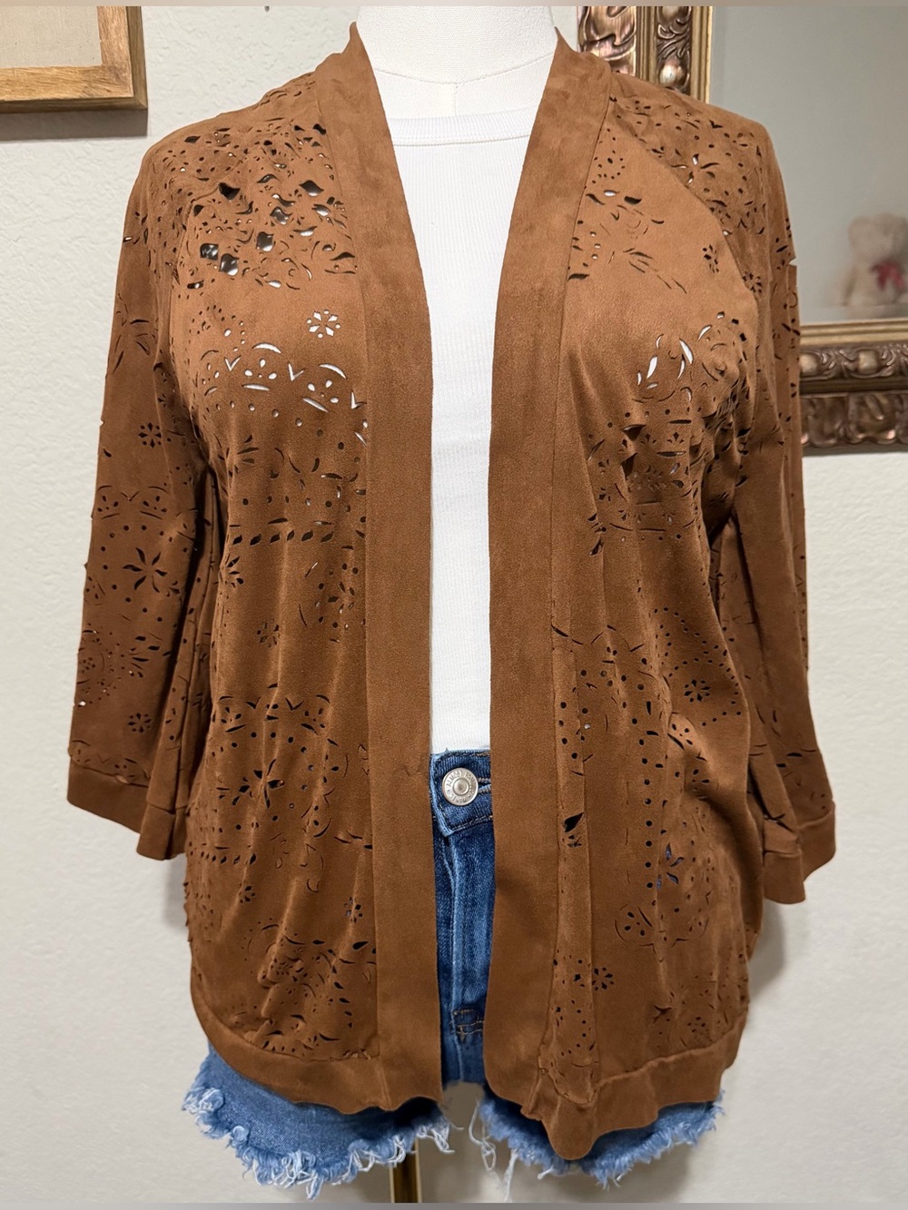 American Eagle Outfitters Brown Laser-Cut Open Cardigan